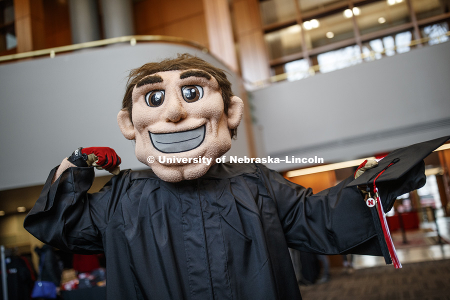 Herbie Husker being fitted for a graduation gown. November 29, 2018. Photo by Craig Chandler / University Communication.