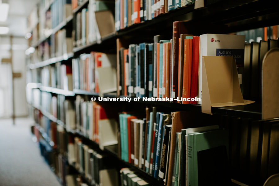 Bookshelf stacks in Love Library. December 9, 2018. Photo by Justin Mohling, University Communication.