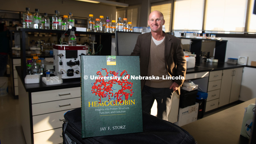 Jay Storz authored a book, “Hemoglobin: Insights into Protein Sturcture, Function and Evolution,” that explains why we all bleed red. December 10, 2018. Photo by Greg Nathan, University Communication.