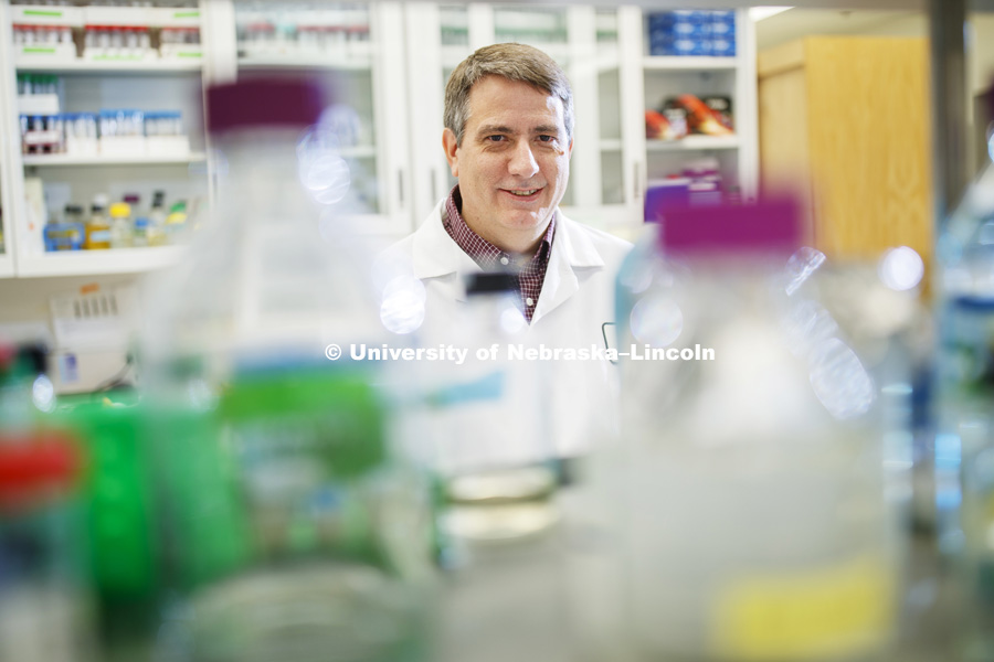Edgar Cahoon, Professor of Biochemistry, in his Beadle Hall lab. December, 13, 2018. Photo by Craig Chandler / University Communication.