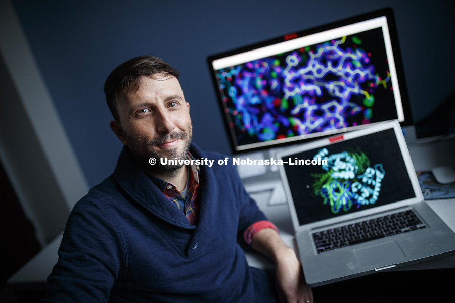 Alex Vecchio, Assistant Professor of Biochemistry. December 13, 2018. Photo by Craig Chandler / University Communication.