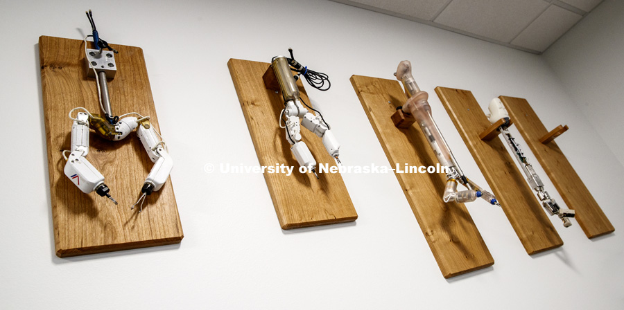 Prototypes decorate the reception area. Virtual Incision has relocated to the newest building on Nebraska Innovation Campus and expanded their footprint to include manufacturing areas for the surgical robots. December 20, 2018. Photo by Craig Chandler / University Communication.