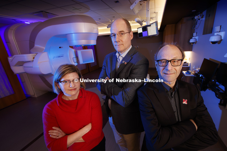 Researchers Becky Deegan and Kenneth Bayles of UNMC and David Berkowitz of UNL are jumpstarting the development of drug therapies to protect military service members from the effects of radiation exposure. The same drug therapies could improve the health effects for cancer patients receiving radiation treatments. Photo taken in the Department of Radiation Oncology at the Fred and Pamela Buffett Cancer Center in Omaha, NE. January 4, 2019. Photo by Craig Chandler / University Communication.