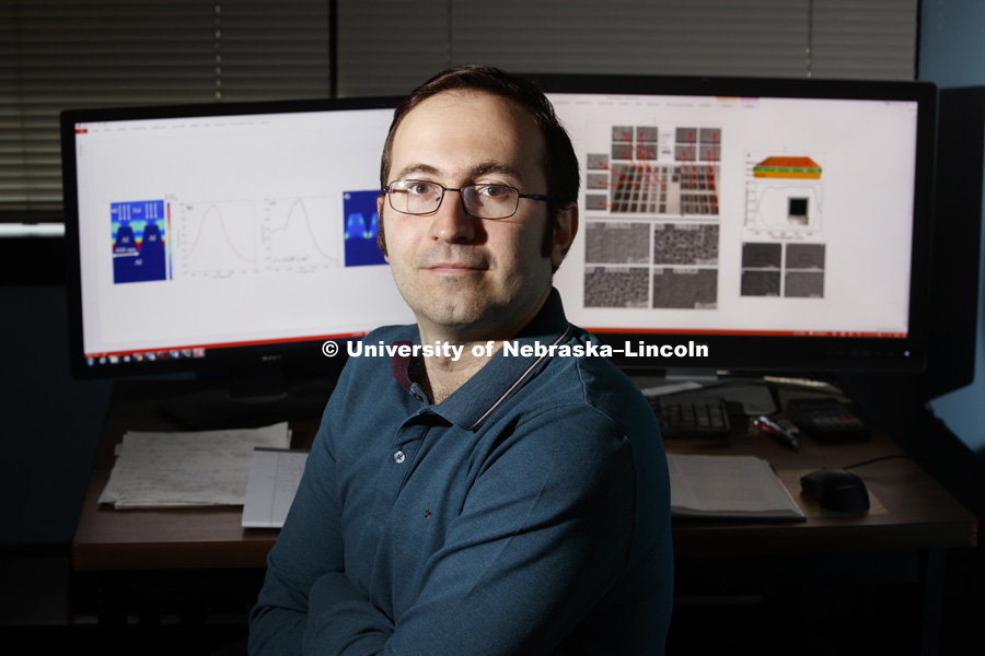 Nebraska’s Christos Argyropoulos has received a three-year, $750,000 early career grant from the Office of Naval Research’s Young Investigator Program. He will use the award to advance research into using ultrafast, short-pulse lasers to modify metal surfaces. The work has potential use in national defense applications. January 9, 2019. Photo by Craig Chandler / University Communication.