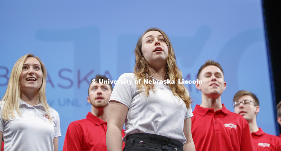 University of Nebraska Big Red Singers performs before Chancellor Ronnie Green delivers his State of the University address from the Lied stage. January 15, 2019. Photo by Craig Chandler / University Communication.