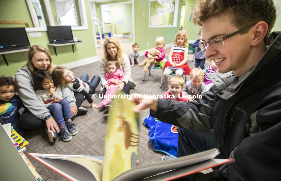 Thomas Kerr, freshman in accounting from Hastings, reads to children Monday morning at the Foundations Progressive Learning Center. Husker Reading Challenge. Students, faculty and staff are invited to honor King’s legacy through a day of service. In collaboration with Prosper Lincoln and Read Aloud Lincoln, the Center for Civic Engagement at Nebraska will host the reading challenge. January 21, 2019. Photo by Craig Chandler / University Communication.