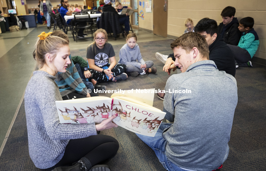 Megan Gilk, freshman in Nutrition and Health Sciences, from Brookings, SD, and Jacob Polk, freshman in economics, from Hooper, read at the YMCA of Lincoln-Northeast as part of the Husker Reading Challenge. The UNL students reading at the Y are part of the Chancellor's Leadership Class. Students, faculty and staff are invited to honor King’s legacy through a day of service. In collaboration with Prosper Lincoln and Read Aloud Lincoln, the Center for Civic Engagement at Nebraska will host the reading challenge. January 21, 2019. Photo by Craig Chandler / University Communication.