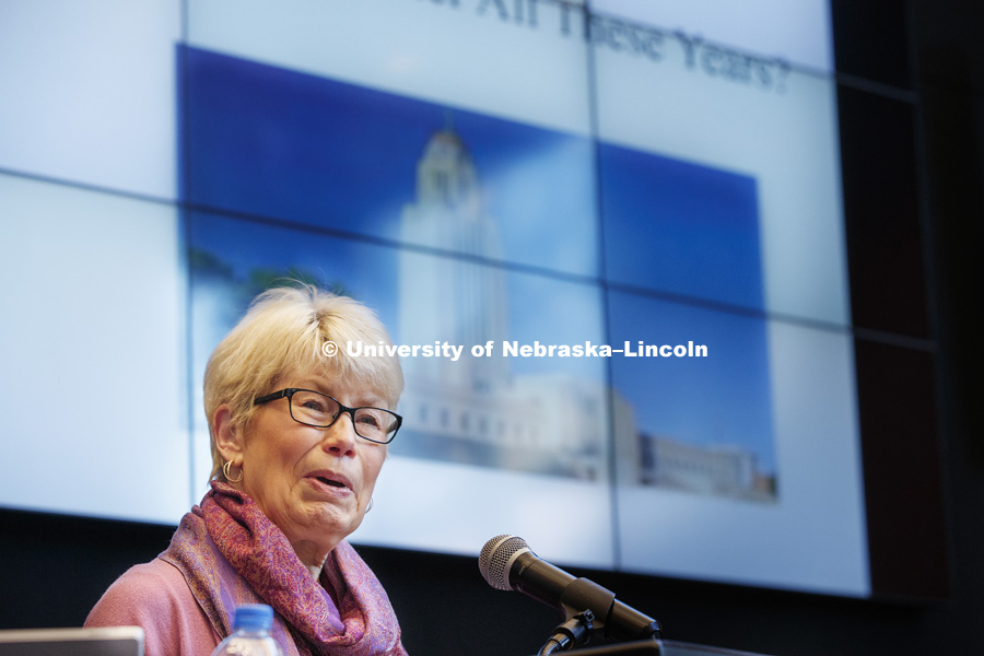 Charlyne Berens, emeriti professor, College of Journalism and Mass  Communications presents her Nebraska Lecture entitled “Nebraska’s Unicameral: Still Progressive after All These Years?”. January 23, 2019.Photo by Craig Chandler / University Communication