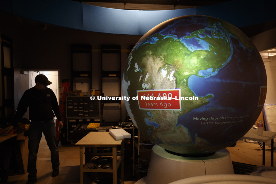 A huge globe that is a video screen helps explain our Earth. Cherish Nebraska exhibit at Morrill Hall's newly remodeled fourth floor. January 23, 2019. Photo by Craig Chandler / University Communication.