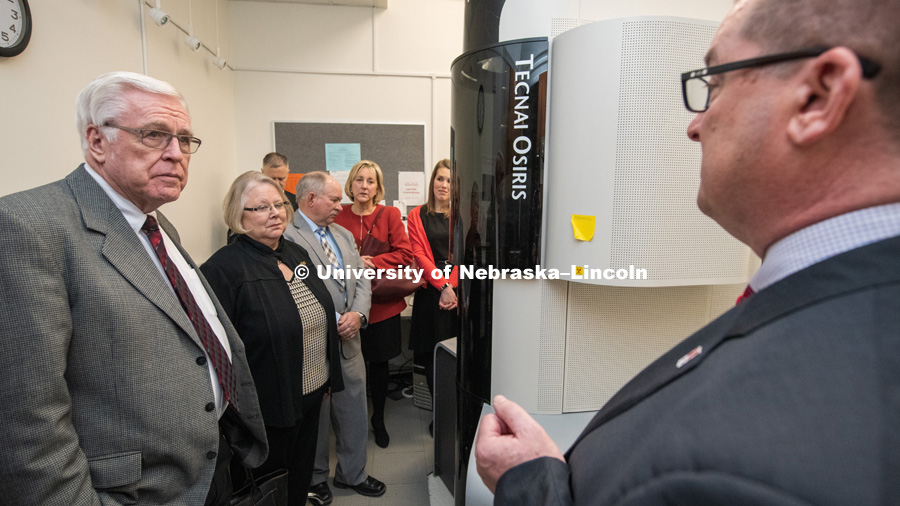 Nebraska's Bob Wilhelm (right) discusses nanoscience research facilities with the NU Board of Regents and university administrators during the January 24 tour. The Nebraska University Regents and other University officials toured a variety of campus facilities as part of an annual visit. January 24, 2019, Photo by Gregory Nathan / University Communication.