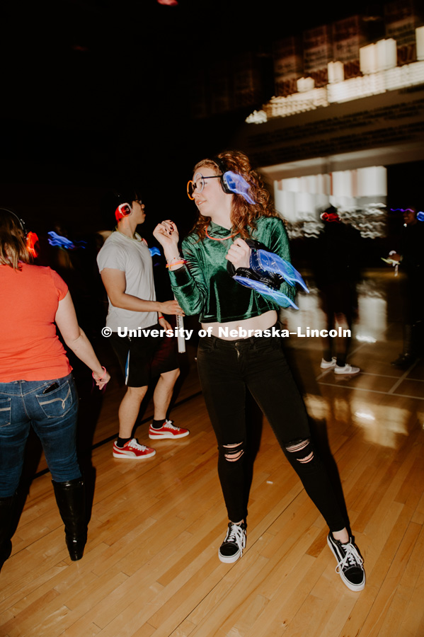 Silent Disco was a free event sponsored by Campus Recreation in the Coliseum along with GLO rock climbing and GLO dodgeball. January 25, 2019. Photo by Justin Mohling for University Communication.