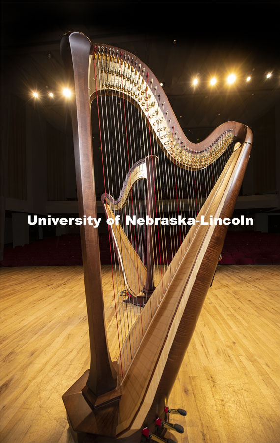 New harps on Kimball Hall stage. The Glenn Korff School of Music is building its harp program thanks to the recent purchase of two Lyon and Healy harps, one of which was purchased with support from a generous donor. January 28, 2019. Photo by Craig Chandler / University Communication