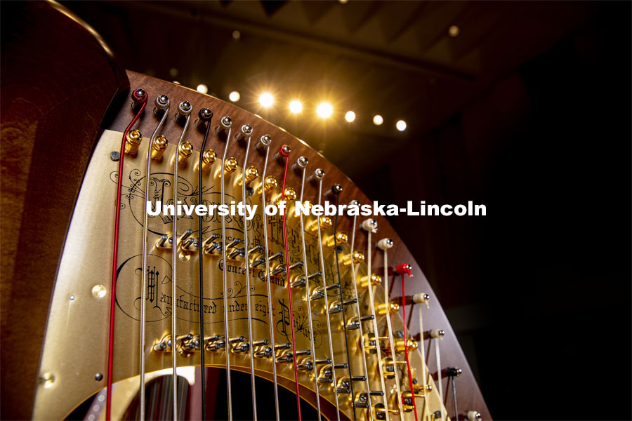 New harps on Kimball Hall stage. The Glenn Korff School of Music is building its harp program thanks to the recent purchase of two Lyon and Healy harps, one of which was purchased with support from a generous donor. January 28, 2019. Photo by Craig Chandler / University Communication