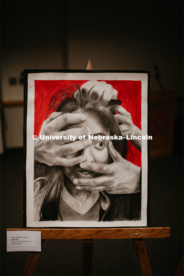Student artwork on display at the Our Nebraska: Express Yourself Expo in the Oasis Center. January 31, 2019. Photo by Justin Mohling / University Communication.
