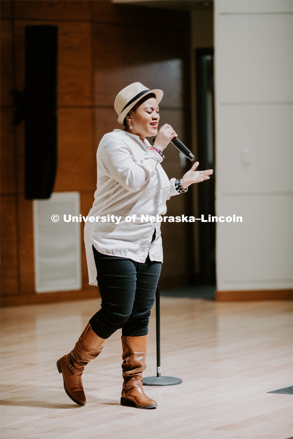 Our Nebraska: Express Yourself Expo in the Oasis Center. Vocal performance by a student singer. January 31, 2019. Photo by Justin Mohling / University Communication.