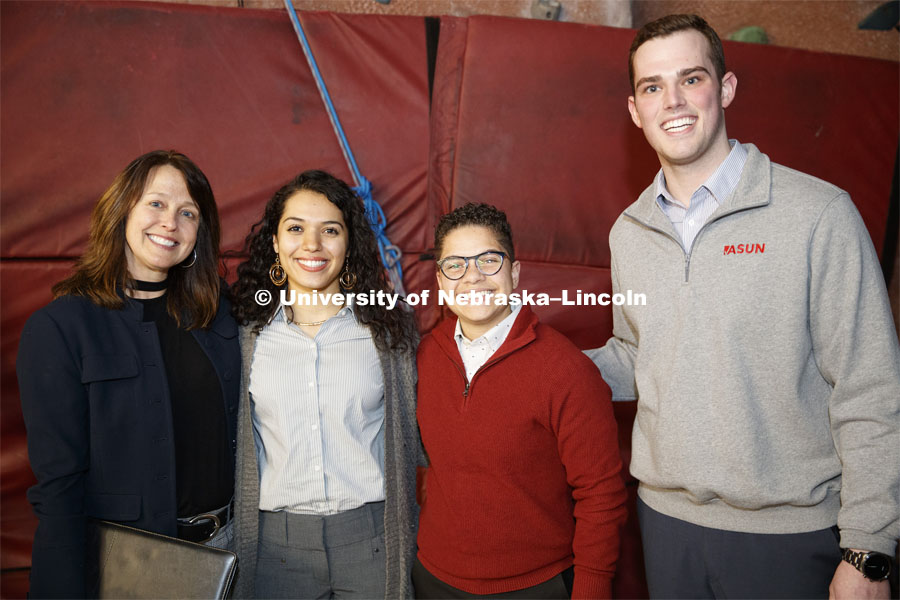 Patrice McMahon, Grace Chambers, Kamryn Sannicks, and Hunter Traynor.  The Charter Week event, “Why Don’t We Get Along? How Huskers Can Change the Future: A Student-led Conversation with Senator Ben Sasse”. February 11, 2019. Photo by Craig Chandler / University Communication.