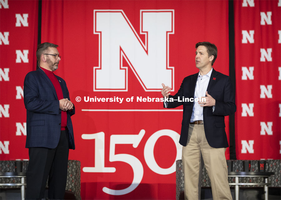 Senator Ben Sasse, right, and Chancellor Ronnie Green took center stage to begin the conversation. The Charter Week event, “Why Don’t We Get Along? How Huskers Can Change the Future: A Student-led Conversation with Senator Ben Sasse”. February 11, 2019. Photo by Craig Chandler / University Communication.
