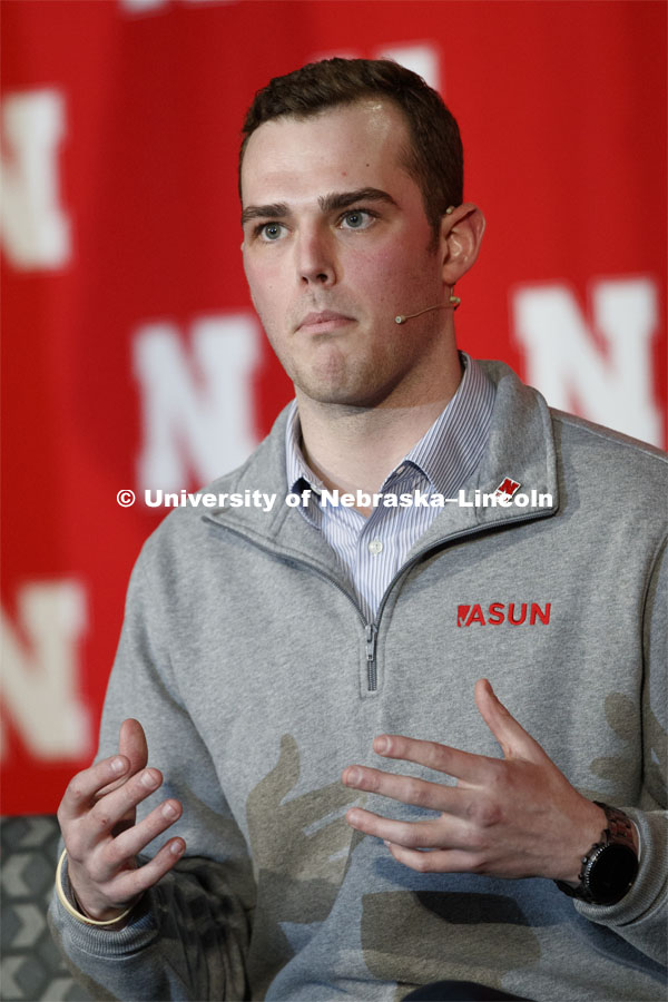 Hunter Traynor, ASUN President, speaks as part of the panel. The Charter Week event, “Why Don’t We Get Along? How Huskers Can Change the Future: A Student-led Conversation with Senator Ben Sasse”. February 11, 2019. Photo by Craig Chandler / University Communication.