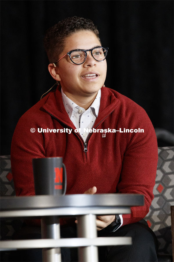 Kamryn Sannicks speaks as part of the panel. The Charter Week event, “Why Don’t We Get Along? How Huskers Can Change the Future: A Student-led Conversation with Senator Ben Sasse”. February 11, 2019. Photo by Craig Chandler / University Communication.