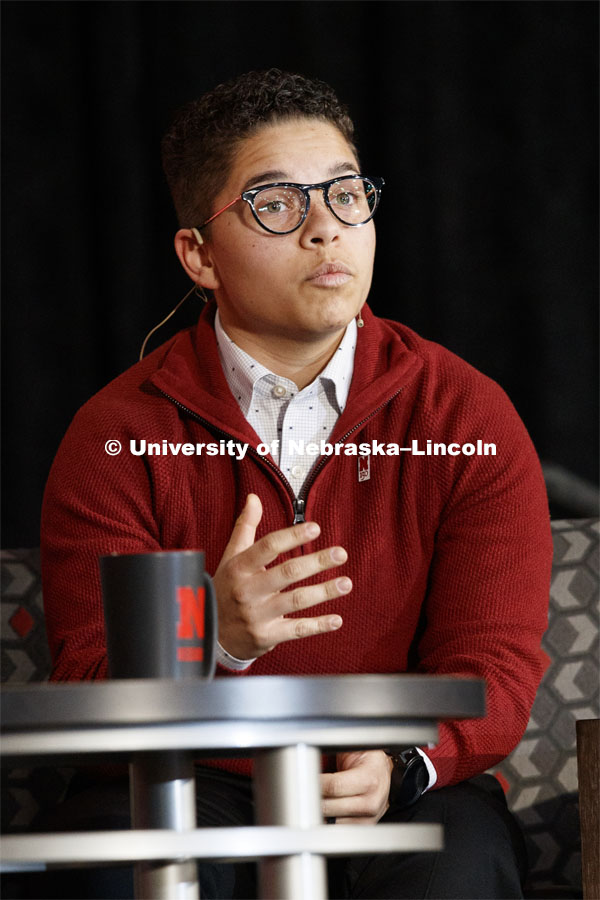 Kamryn Sannicks speaks as part of the panel. The Charter Week event, “Why Don’t We Get Along? How Huskers Can Change the Future: A Student-led Conversation with Senator Ben Sasse”. February 11, 2019. Photo by Craig Chandler / University Communication.