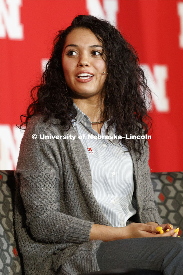 Grace Chambers speaks as part of the panel. The Charter Week event, “Why Don’t We Get Along? How Huskers Can Change the Future: A Student-led Conversation with Senator Ben Sasse”. February 11, 2019. Photo by Craig Chandler / University Communication.