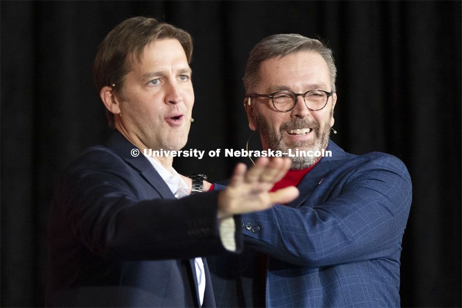 Senator Ben Sasse, left, and Chancellor Ronnie Green share a laugh at the end of the conversation. The Charter Week event, “Why Don’t We Get Along? How Huskers Can Change the Future: A Student-led Conversation with Senator Ben Sasse”. February 11, 2019. Photo by Craig Chandler / University Communication.