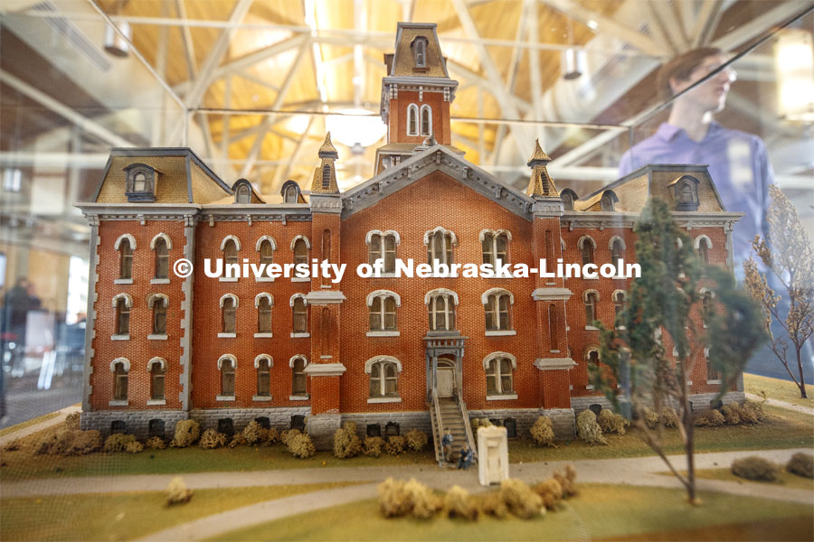 A model of University Hall presented as a gift of the class of 1887. Kay Logan Peters gives a special Nebraska Lecture as part of Charter Week on the University's early architectural history before a crowd of more than 300 people. February 12, 2019. Photo by Craig Chandler/University Communication.