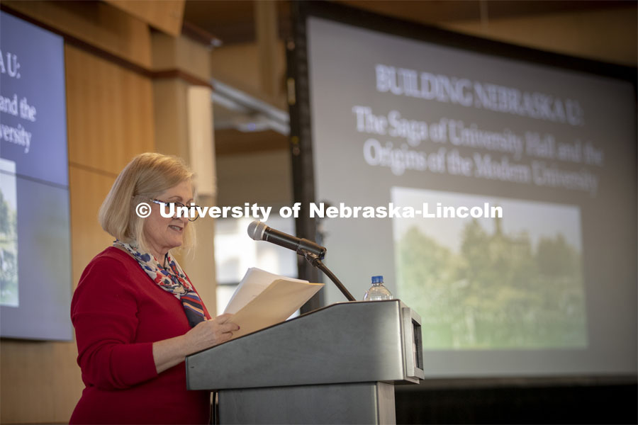 Kay Logan Peters gives a special Nebraska Lecture as part of Charter Week on the University's early architectural history before a crowd of more than 300 people. February 12, 2019. Photo by Craig Chandler/University Communication.