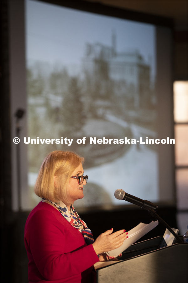 Kay Logan Peters gives a special Nebraska Lecture as part of Charter Week on the University's early architectural history before a crowd of more than 300 people. February 12, 2019. Photo by Craig Chandler/University Communication.