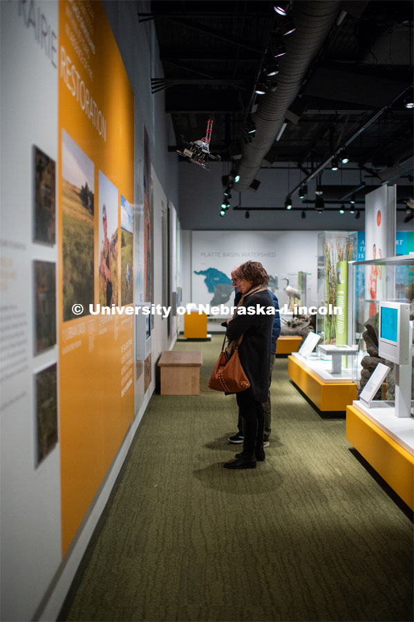 Guests enjoyed the new exhibits at the Cherish Nebraska exhibit, which will open to the public on Saturday, February 16 in the University of Nebraska State Museum in Morrill Hall. The new exhibit spaces celebrate Nebraska's natural heritage - the diversity of life that has been shaped over the millennia by Nebraska's changing environments. February 12, 2019. Photo by Justin Mohling / University Communication.