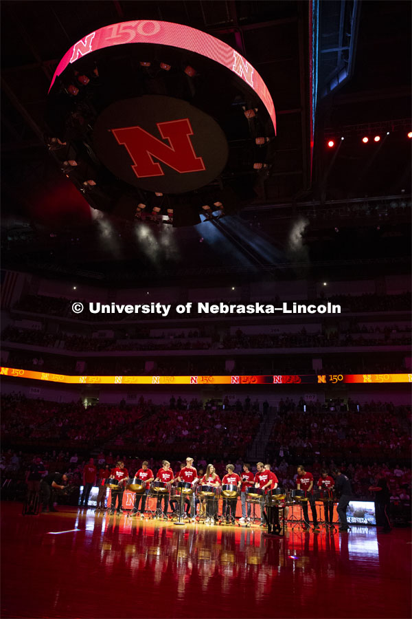 Huskers men’s basketball game helped celebrate the university's 150th birthday with a halftime birthday party. The Huskers played against Minnesota. Halftime celebration begins with the steel drums. February 13, 2019. Photo by Isabel Thalken / Husker Athletics.