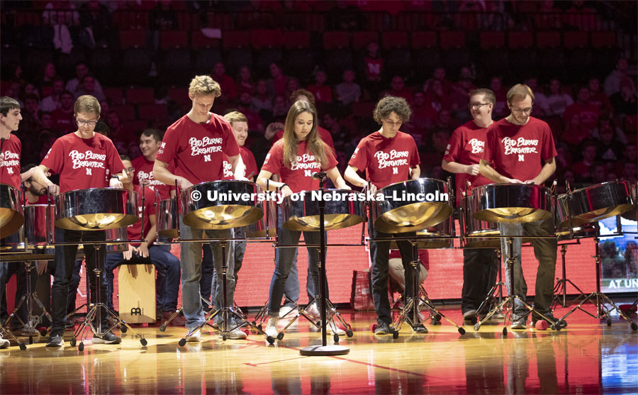Huskers men’s basketball game helped celebrate the university's 150th birthday with a halftime birthday party. The Huskers played against Minnesota. Halftime celebration begins with the steel drums. February 13, 2019. Photo by Craig Chandler / University Communication.