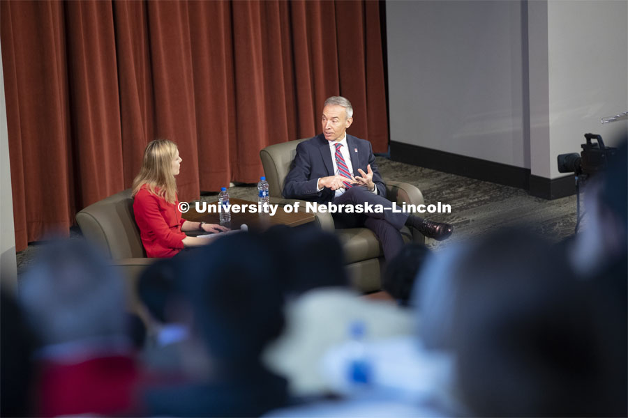 Deputy Secretary of Agriculture Stephen Censky gives his Heuermann Lecture titled: Leading Today for America's Tomorrow. His talk was followed by a question and answer session with Yeutter Institute director Jill O’Donnell. February 14, 2019.  Photo by Craig Chandler / University Communication.