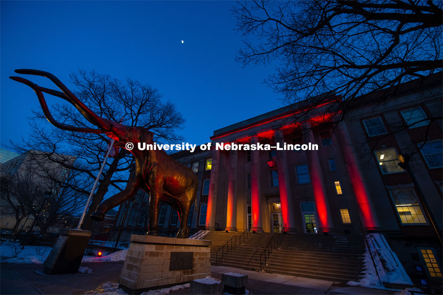 The University of Nebraska celebrates its 150th Anniversary by lighting up the campus in red. Glow Big Red. February 14, 2019. Photo by Gregory Nathan / University Communication.