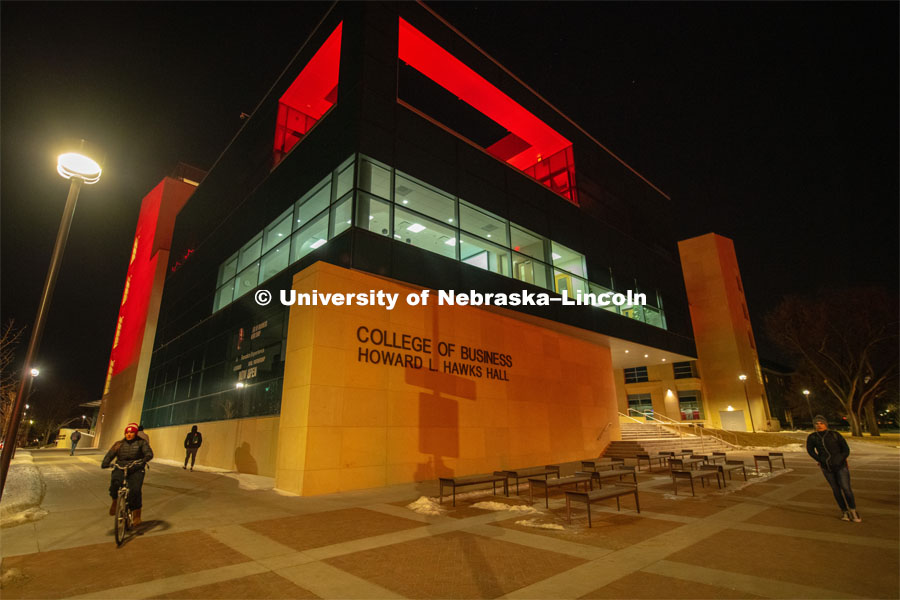The University of Nebraska celebrates its 150th Anniversary by lighting up the campus in red. Glow Big Red. February 14, 2019. Photo by Gregory Nathan / University Communication.