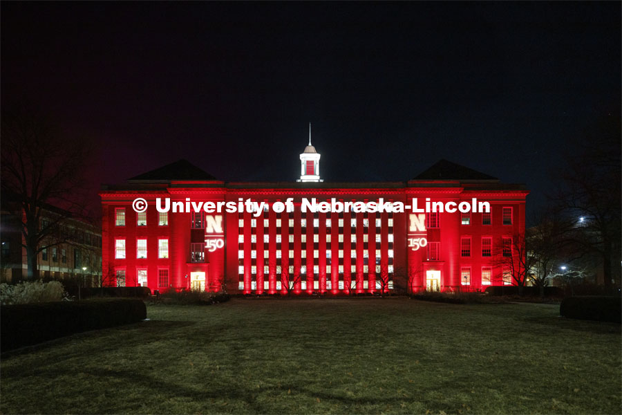 Love Library glows in the celebration. Glow Big Red bathes the campuses with red lights as part of N150's Charter Week celebration. February 14, 2019. Photo by Craig Chandler / University Communication.