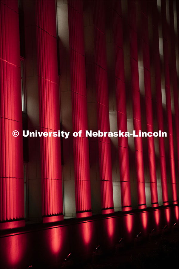 Love Library glows in the celebration. Glow Big Red bathes the campuses with red lights as part of N150's Charter Week celebration. February 14, 2019. Photo by Craig Chandler / University Communication.