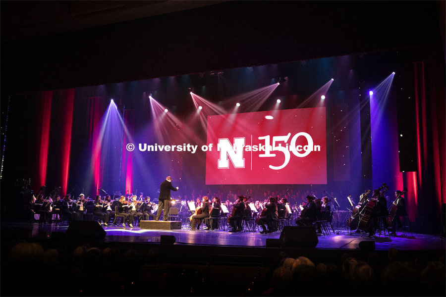 The UNL Symphony Orchestra raises the curtain on the Charter Day Celebration: Music and Milestones in the Lied Center. Music and Milestones was a part of the N150 Charter Week celebration. February 15, 2019. Photo by Craig Chandler / University Communication.