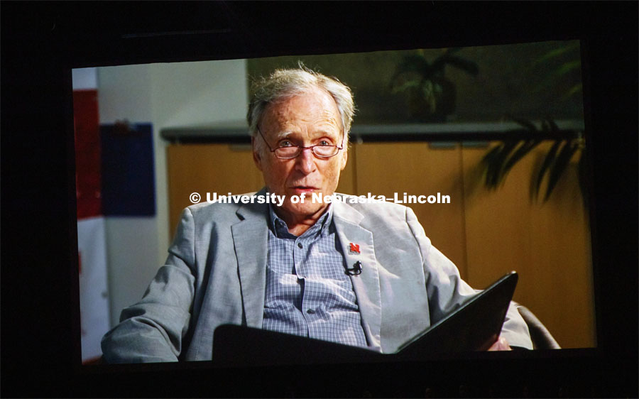 Dick Cavett on video reads Ted Kooser's poem "This Is Nebraska". Charter Day Celebration: Music and Milestones in the Lied Center. Music and Milestones was a part of the N150 Charter Week celebration. February 15, 2019. Photo by Craig Chandler / University Communication.