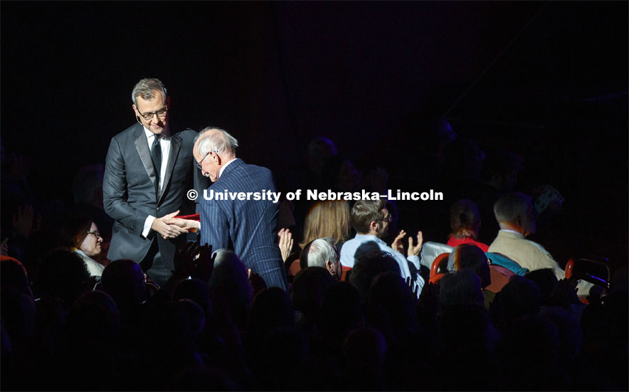 Jeff Zeleny recognizes Ted Kooser in the audience. Charter Day Celebration: Music and Milestones in the Lied Center. Music and Milestones was a part of the N150 Charter Week celebration. February 15, 2019. Photo by Craig Chandler / University Communication.