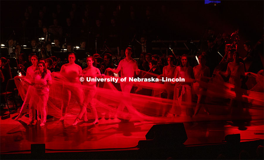 The Sea of Red performed by the UNL Dance Program's The Red Lands Ensemble. Charter Day Celebration: Music and Milestones in the Lied Center. Music and Milestones was a part of the N150 Charter Week celebration. February 15, 2019. Photo by Craig Chandler / University Communication.