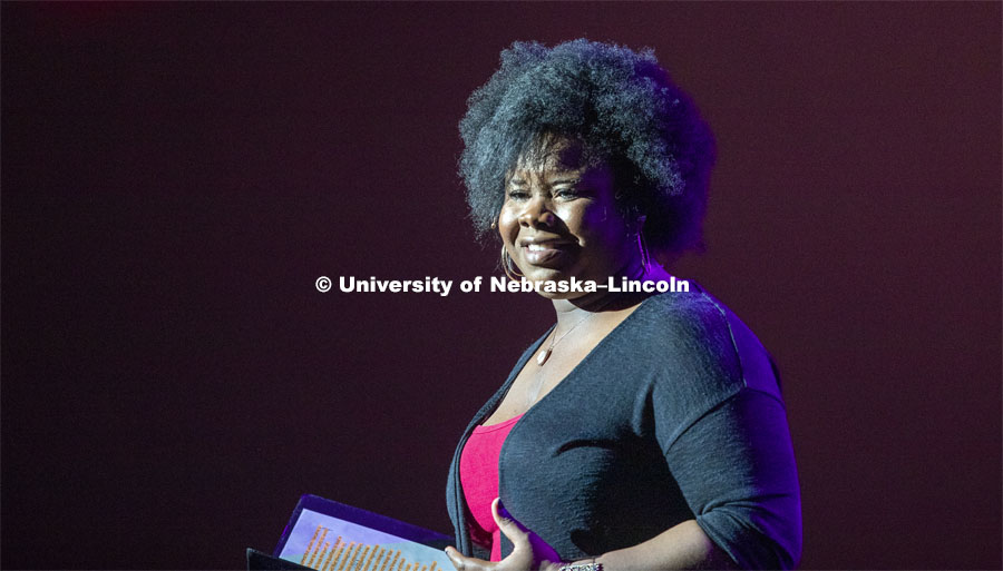 Karen Richards reads Roxane Gay's "Dress Like A Woman". Charter Day Celebration: Music and Milestones in the Lied Center. Music and Milestones was a part of the N150 Charter Week celebration. February 15, 2019. Photo by Craig Chandler / University Communication.