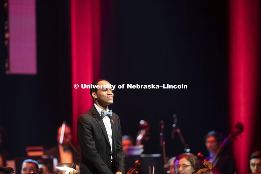Marques L. A. Garrett conducts the world premiere of Welcome, Pioneers. Charter Day Celebration: Music and Milestones in the Lied Center. Music and Milestones was a part of the N150 Charter Week celebration. February 15, 2019. Photo by Craig Chandler / University Communication.