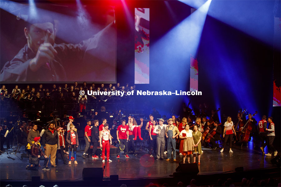Performers, students and student athletes take the stage as part of "O Fortuna from Carmina Burana". Charter Day Celebration: Music and Milestones in the Lied Center. Music and Milestones was a part of the N150 Charter Week celebration. February 15, 2019. Photo by Craig Chandler / University Communication.