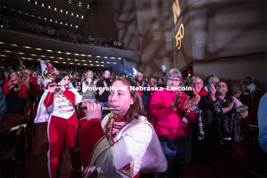 The Cornhusker Marching Band filled the stage and the aisles to perform Hail Varsity and Dear Old Nebraska U. Charter Day Celebration: Music and Milestones in the Lied Center. Music and Milestones was a part of the N150 Charter Week celebration. February 15, 2019. Photo by Craig Chandler / University Communication.
