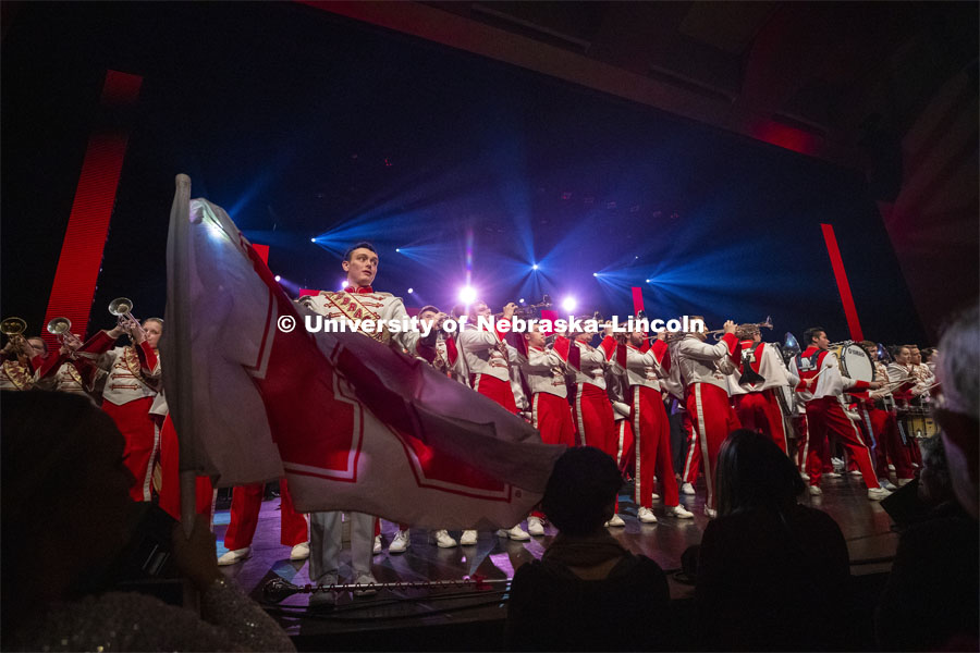 The Cornhusker Marching Band filled the stage and the aisles to perform Hail Varsity and Dear Old Nebraska U. Charter Day Celebration: Music and Milestones in the Lied Center. Music and Milestones was a part of the N150 Charter Week celebration. February 15, 2019. Photo by Craig Chandler / University Communication.