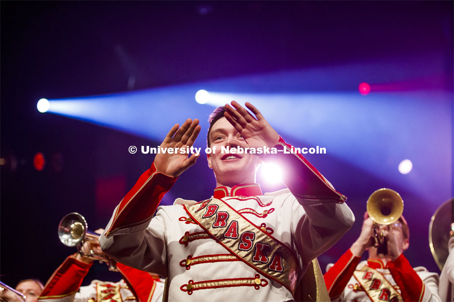 Drum Major Ethan Millington and The Cornhusker Marching Band filled the stage and the aisles to perform Hail Varsity and Dear Old Nebraska U. Charter Day Celebration: Music and Milestones in the Lied Center. Music and Milestones was a part of the N150 Charter Week celebration. February 15, 2019. Photo by Craig Chandler / University Communication.