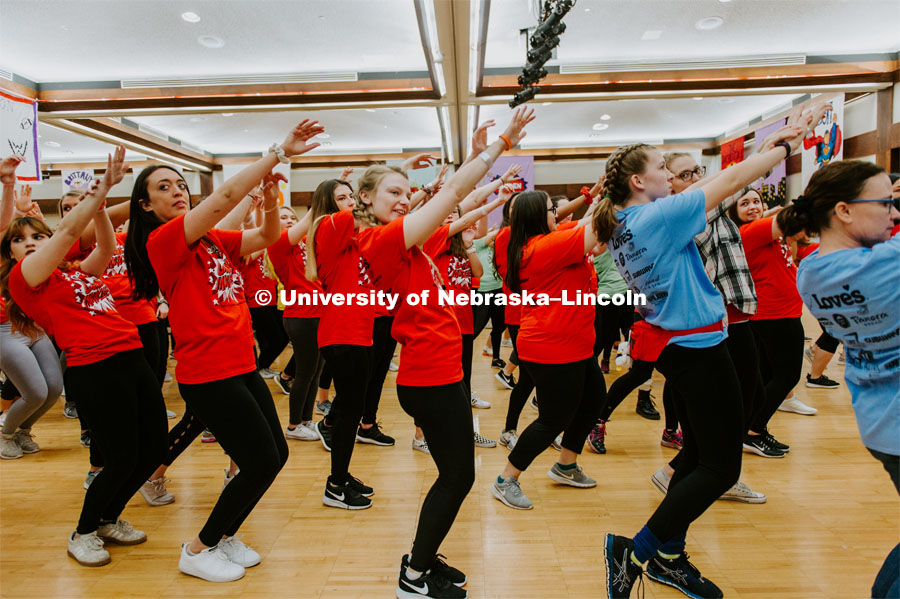 Students learning "Morale dance". 1274 Nebraska students signed up to be part of the Huskerthon Dance Marathon for Children's Hospital in Omaha. February 16, 2019. Photo by Justin Mohling / University Communication.