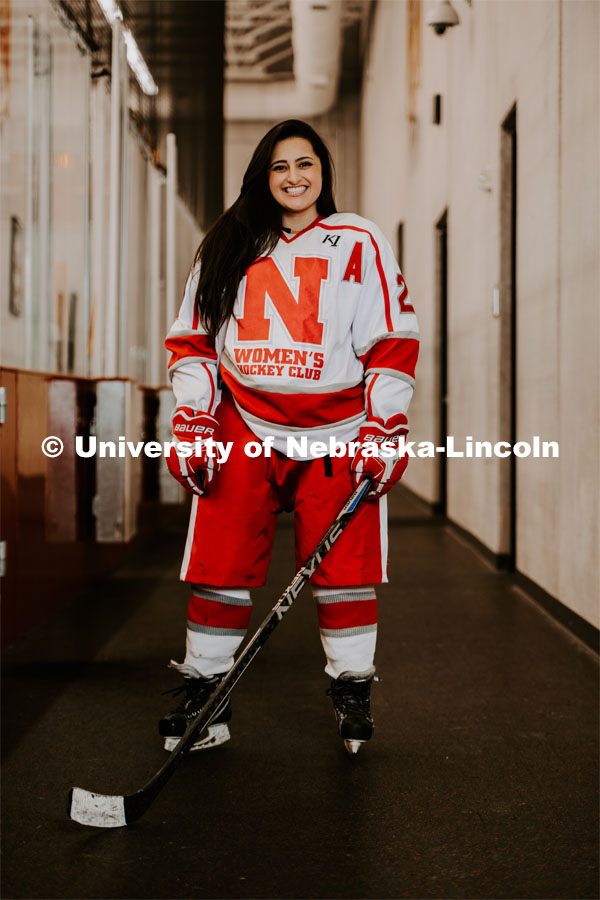 Justice is the President and co-founder of the Women’s Hockey Club at the University of Nebraska. Justice , who graduates in May, helped relaunch the women's hockey club at Nebraska. The team started playing again in 2016. February 22, 2019. Photo by Justin Mohling / University Communication.