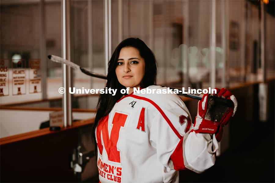 Justice is the President and co-founder of the Women’s Hockey Club at the University of Nebraska. Justice , who graduates in May, helped relaunch the women's hockey club at Nebraska. The team started playing again in 2016. February 22, 2019. Photo by Justin Mohling / University Communication.